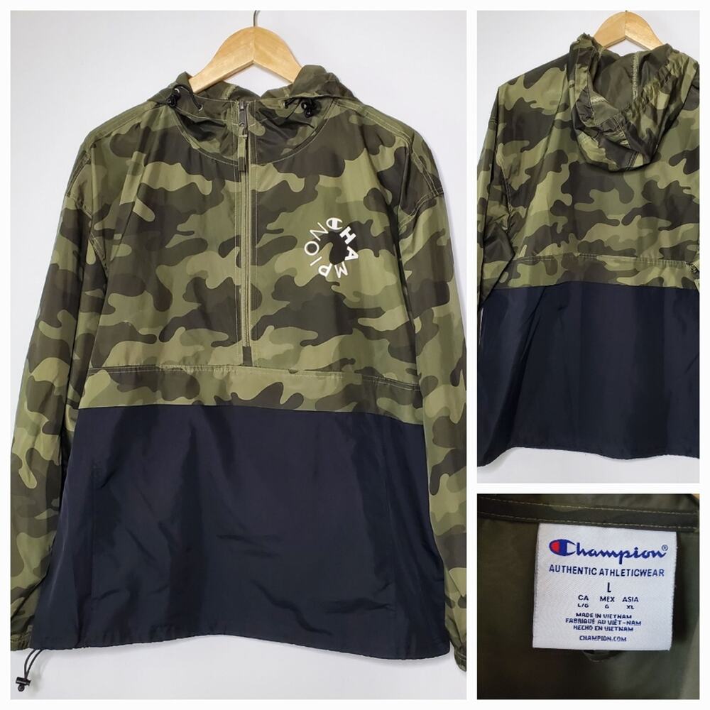 Champion Men's Stadium green camo blocked lightweight rain jacket large